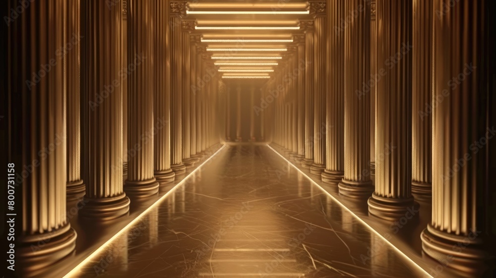 Fototapeta premium Illuminated corridor with classical columns and reflective floor