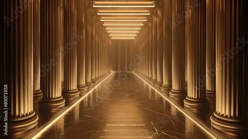 Illuminated corridor with classical columns and reflective floor