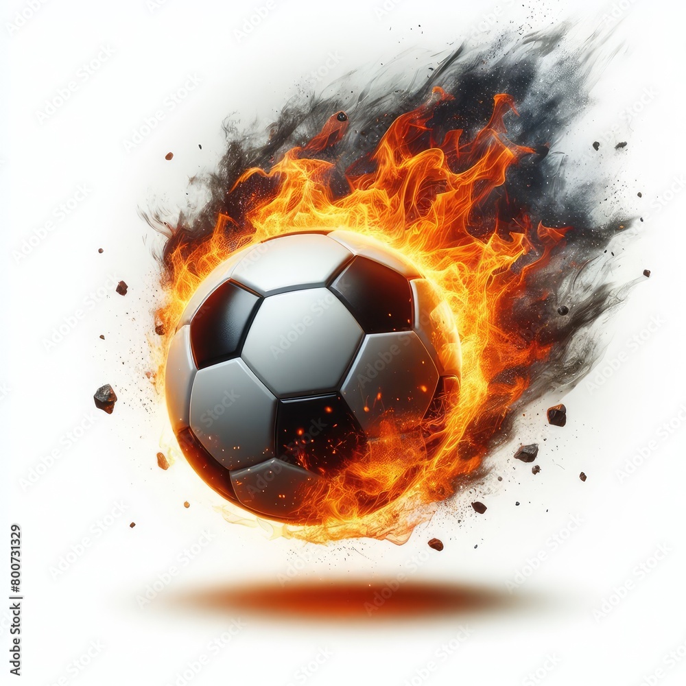Fototapeta premium Soccer ball flying on fire isolated on a white background