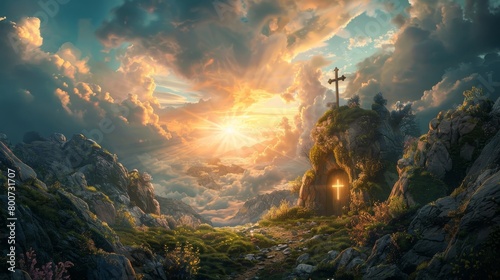 The image shows a beautiful landscape with a cross on a hill. The sky is a bright orange and yellow, and the clouds are a light blue. The foreground is a lush green field.