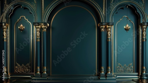 Elegant dark blue room with ornate golden details and classical arches