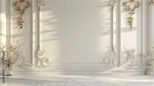 Elegant white interior with decorative wall molding and natural light photo
