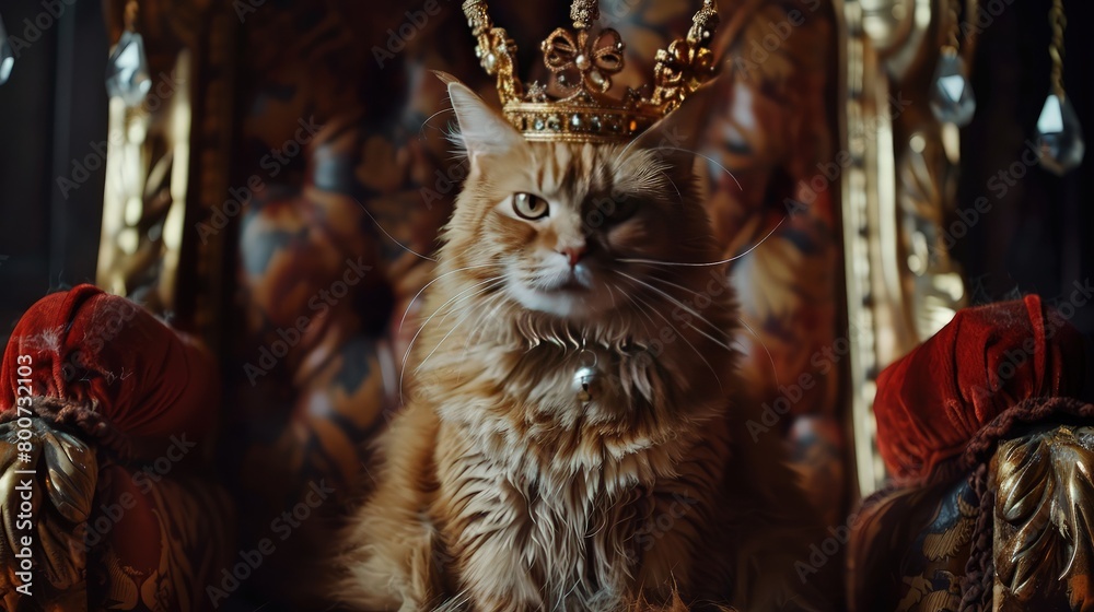 The cat in the crown sits on the throne. Black background.