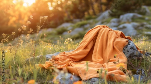 Blank mockup of a lightweight and packable throw blanket perfect for outdoor adventures. . photo