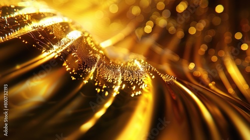 Abstract golden waves with sparkling particles and bokeh effect