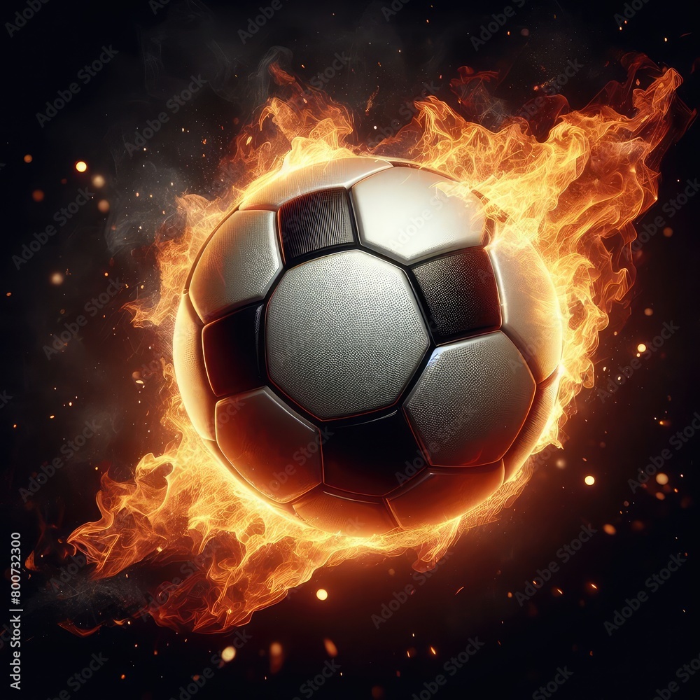 Fototapeta premium Soccer ball flying on fire isolated on a black background