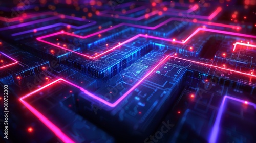 The image is a circuit board with glowing pink and blue lights. The background is black.