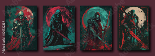 Set of fantasy Grim Reaper cards or posters, Halloween