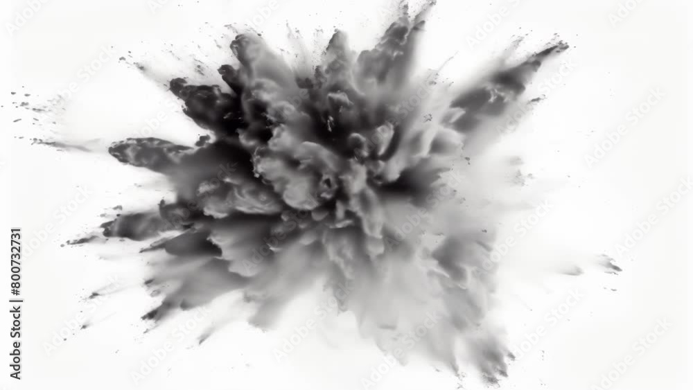 Dramatic black powder violently explodes and disperses in multiple directions against a stark white backdrop. Dramatic black powder violently explodes and disperses in multiple directions against a stark white backdrop.