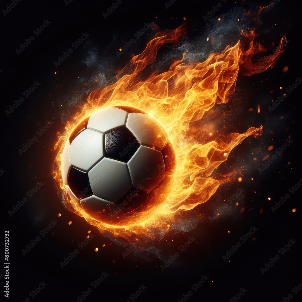 Fototapeta premium Soccer ball flying on fire isolated on a black background