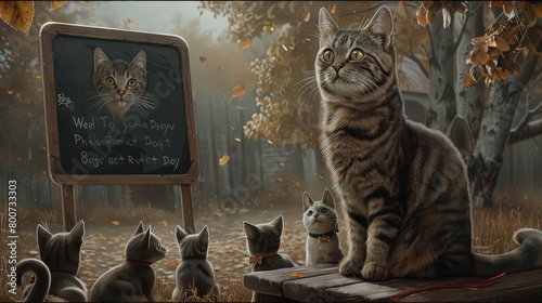 The cat teaches his pupils to beware of dogs. photo
