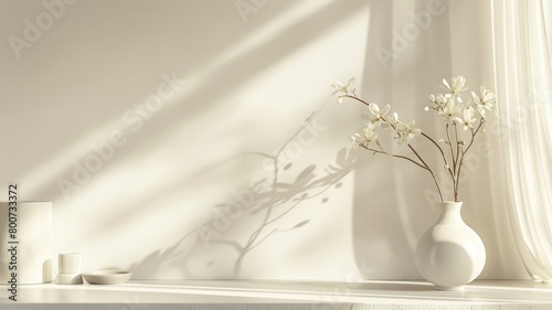 Minimalist interior with vase and flowers on shelf, natural light casting shadows