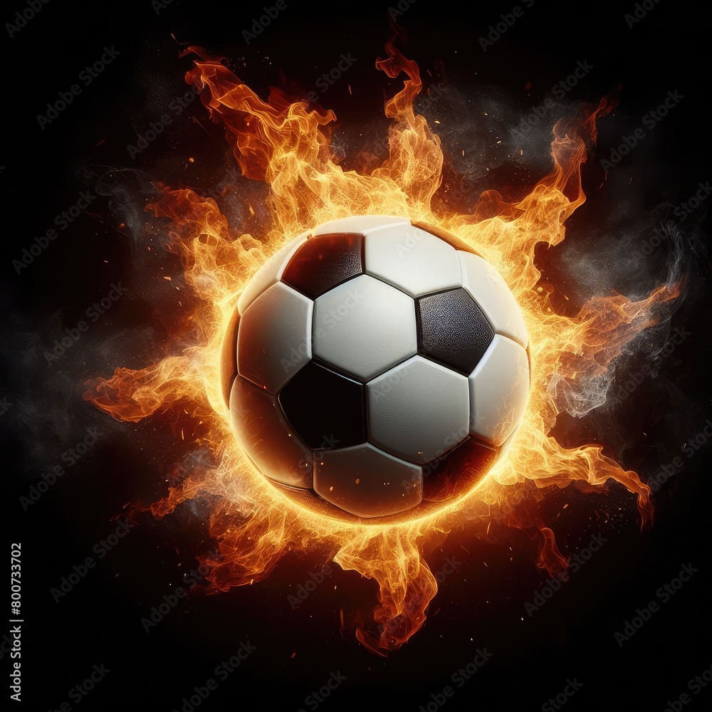 Fototapeta premium Soccer ball flying on fire isolated on a black background
