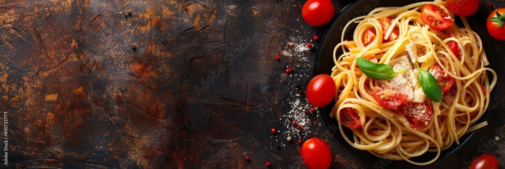 Spaghetti with tomatoes, basil, cheese on dark background