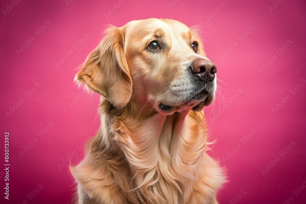 Golden Retriever dog sitting front right in a close-up photo studio There is lighting like in a pink background photography studio.