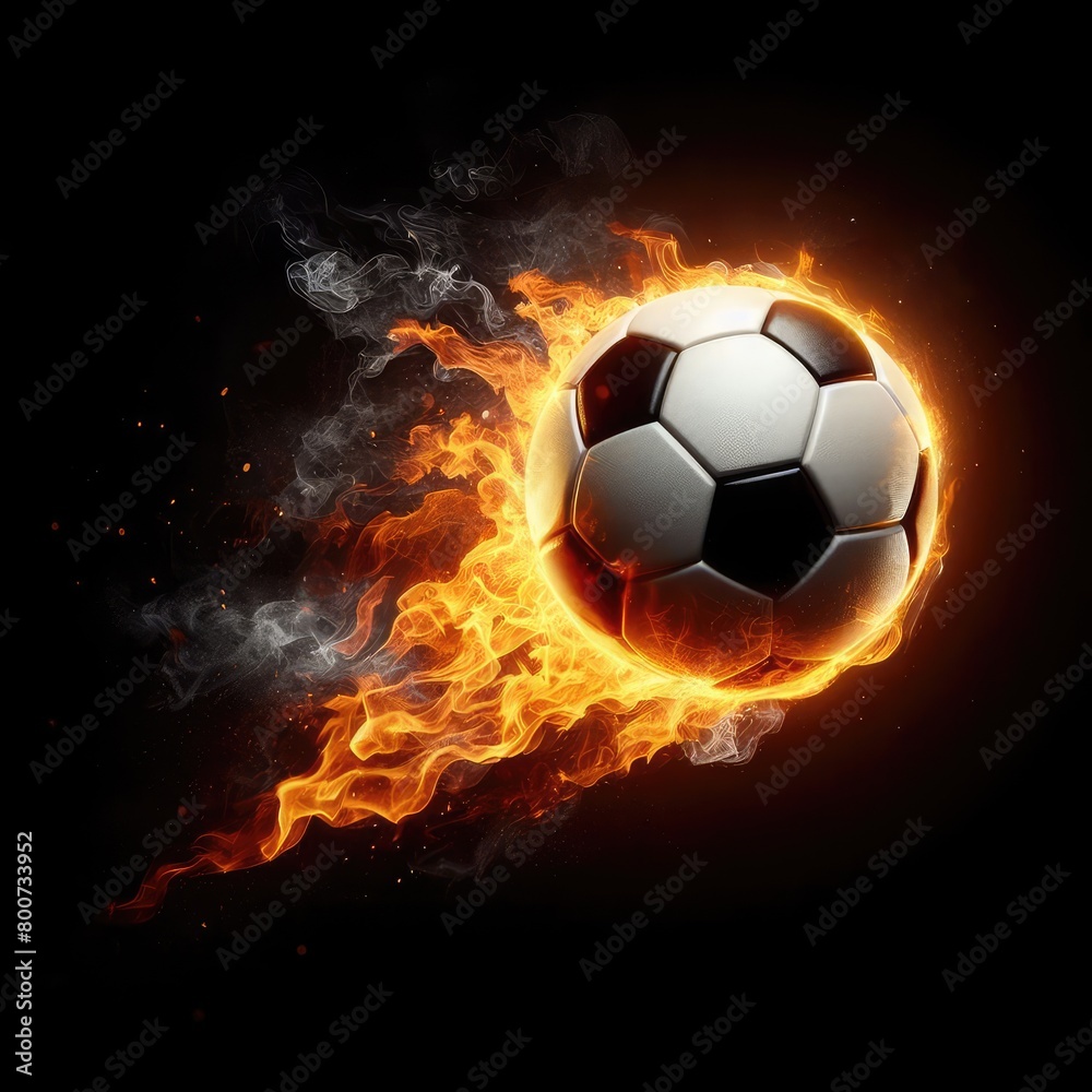 Fototapeta premium Soccer ball flying on fire isolated on a black background