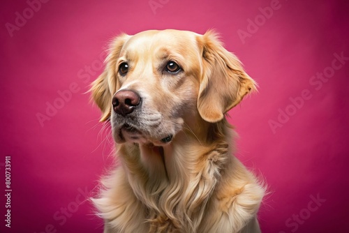 A golden retriever sits front left in a close-up photo studio. There is lighting like in a pink background photography studio.