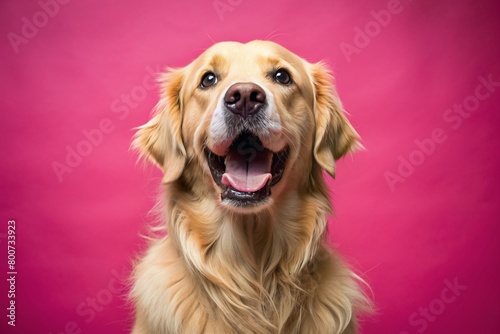 Golden Retriever dog sitting with a smiling face in a close-up photo studio There is lighting like in a pink background photography studio.