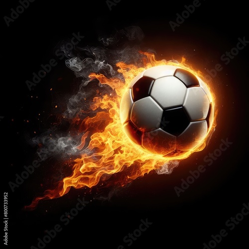 Soccer ball flying on fire isolated on a black background
