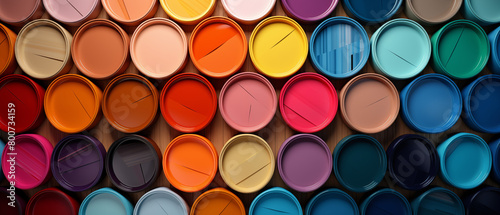 Array of Colorful Paint Cans on Wooden Surface