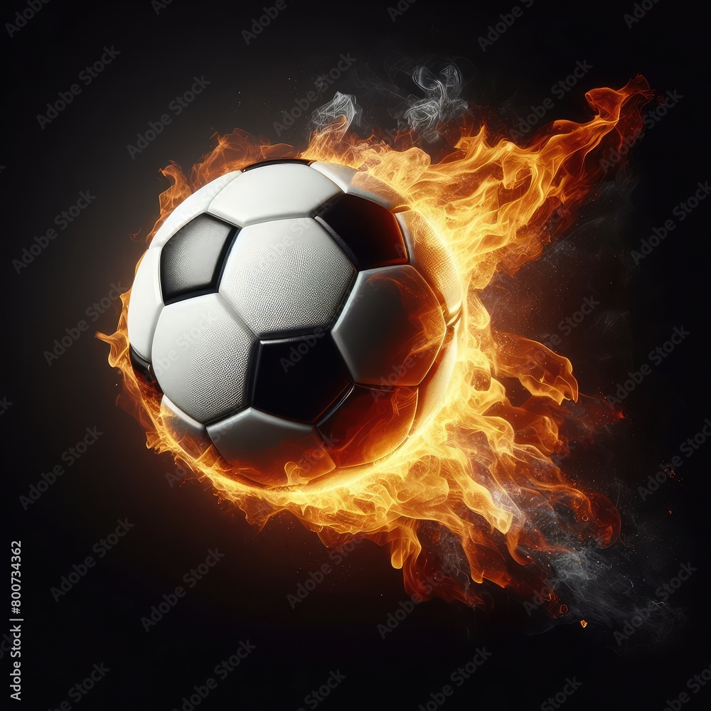 Fototapeta premium Soccer ball flying on fire isolated on a black background