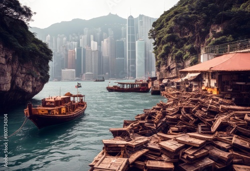 'kong hong junk harbour boat china landmark asia tour tourism harbor day travel kowloon island building water flag ship holiday maker downtown port center blue' photo