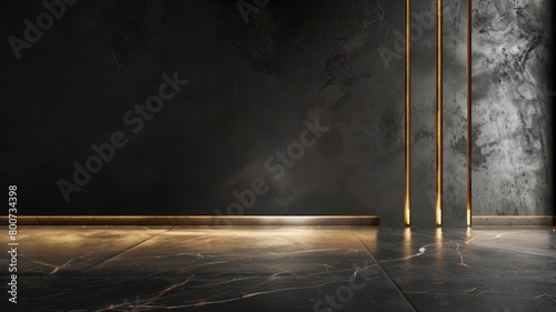 Luxurious interior with dark marble walls and golden lighting accents