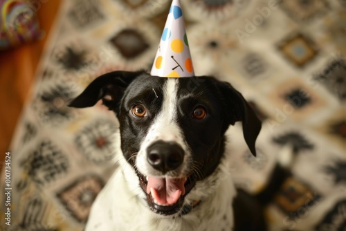 Dog wearing a party hat  happy expression