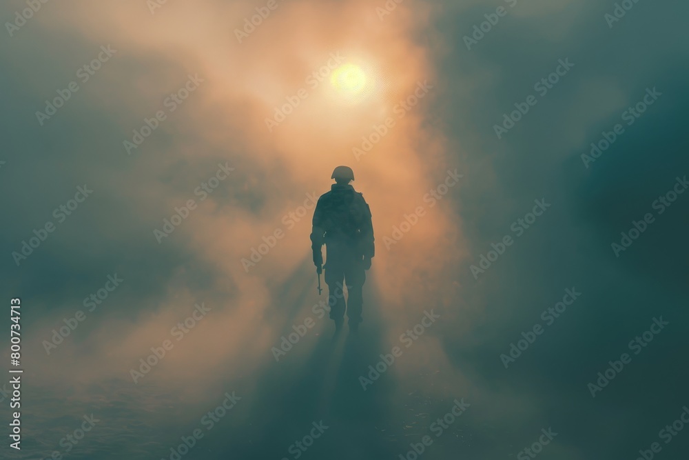 Soldier in military gear walking into fog Soldier in military gear walking into fog