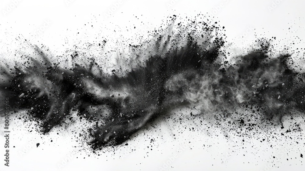 Black chalk pieces and dust particles scatter, producing an explosion effect, isolated on white.