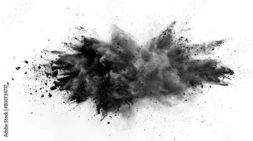 Black chalk pieces and dust flying, creating an exploding effect, isolated on a white background.
