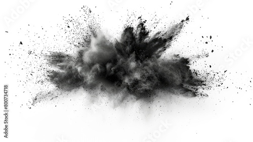 Chalk pieces and dust in black, flying with an explosive effect, isolated on a white background.