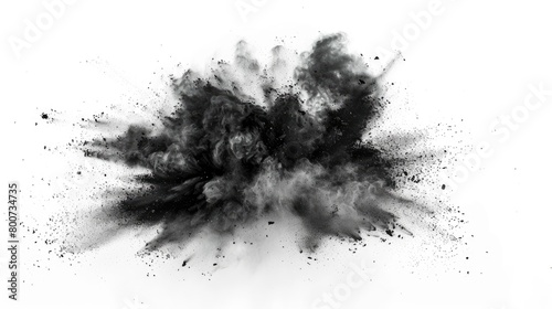 Chalk pieces and dust in black, flying with an explosion effect, isolated against white.