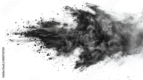 On a white background, black chalk fragments and dust create an exploding effect.
