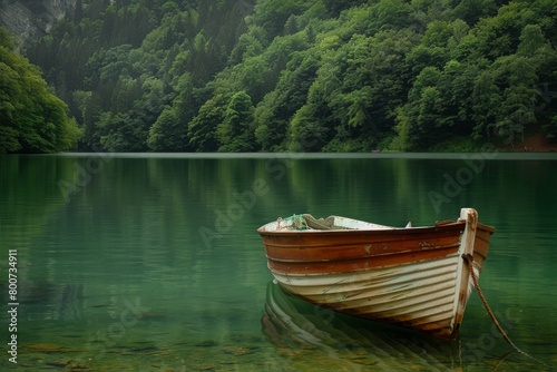 Green boat on calm lake water surrounded by forest