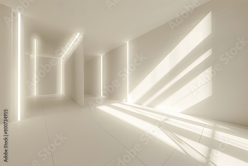 White Loft: Bright, Minimalist 3D Rendering of Luxury Room with Soft Light Patterns