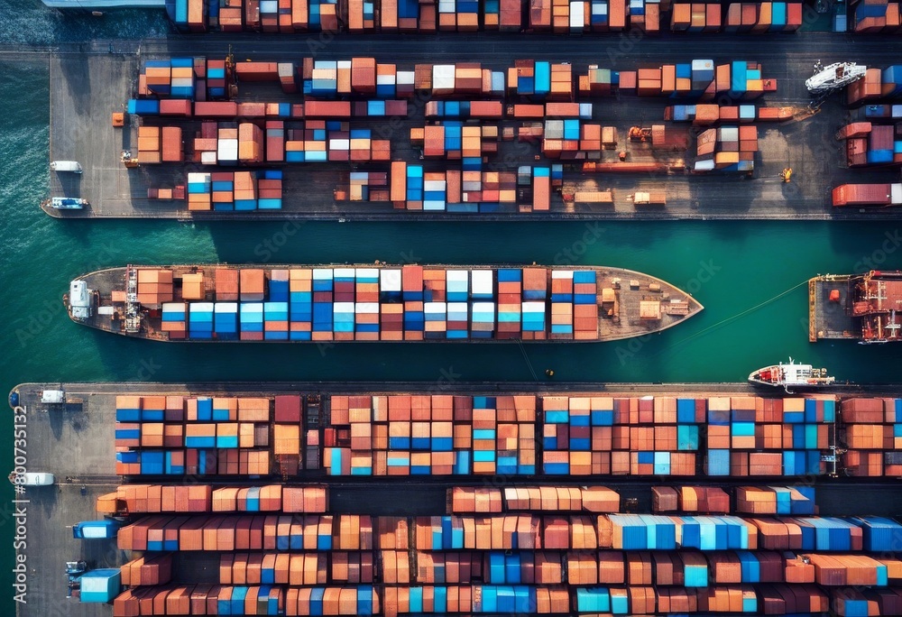 Obraz premium 'top aerial large ship view cargo logistics container import export business sea working carrier heavy unloading singapore terminal technology china high storage equipment drone loading topview'