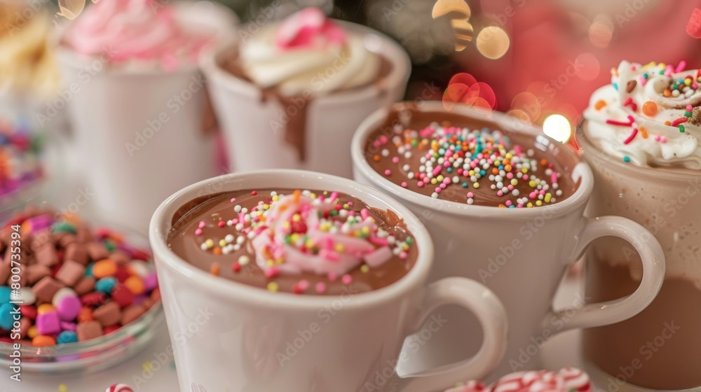 A kidfriendly hot chocolate bar with kidsized mugs and toppings like sprinkles and gummy bears for the little ones to enjoy.
