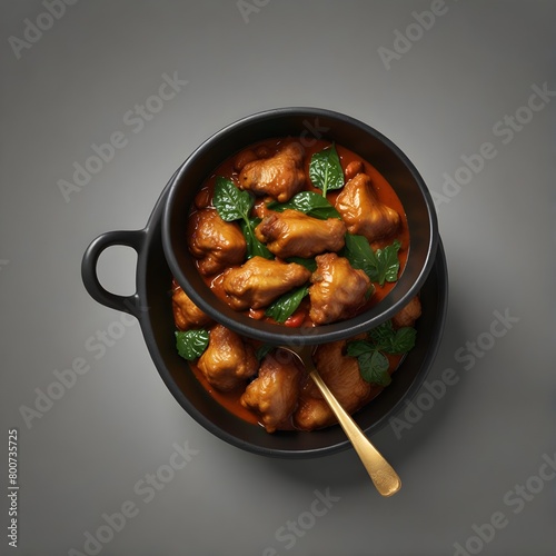 3D collection of chicken vindaloo with spinach in black bowl isolated on white on transparent background portuguese influenced indian dish made by cooking chicken in vindaloo spice photo