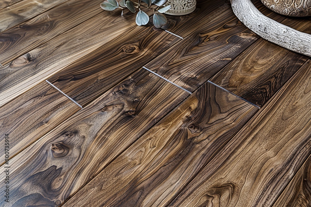 Naklejka premium Exquisite Ceramic Sophistication: Elegant Walnut Wood Flooring with Detailed Grain