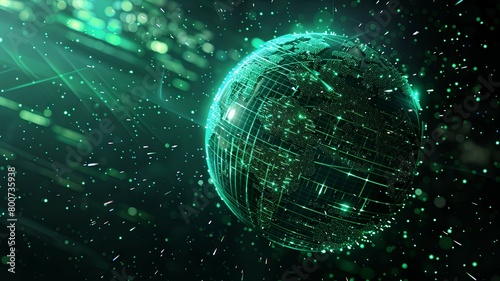 Green digital globe with sparkling effects and lines - A captivating image showcasing a green digital globe with sparkling effects, symbolizing the digital age and environmental data