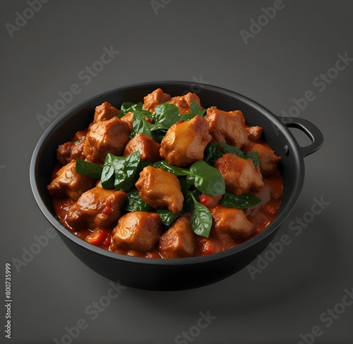 3D collection of chicken vindaloo with spinach in black bowl isolated on white on transparent background portuguese influenced indian dish made by cooking chicken in vindaloo spice photo