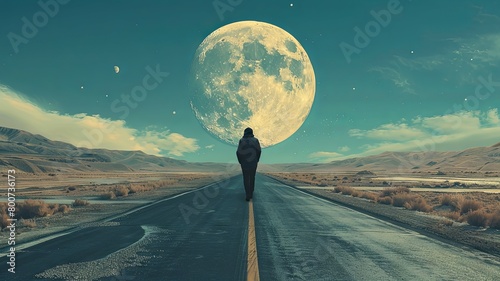 Man standing on road under a massive moon - A lone man stands on an empty road, gazing at an overwhelmingly large moon overhead photo
