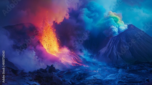 Colorful volcanic eruption under night sky - A stunning depiction of a volcanic eruption with vibrant colors illuminating the dark sky and flowing lava
