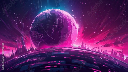 Futuristic cyberpunk digital world concept - A vibrant cyberpunk-themed artwork depicting a futuristic digital world with neon lights and global connectivity photo