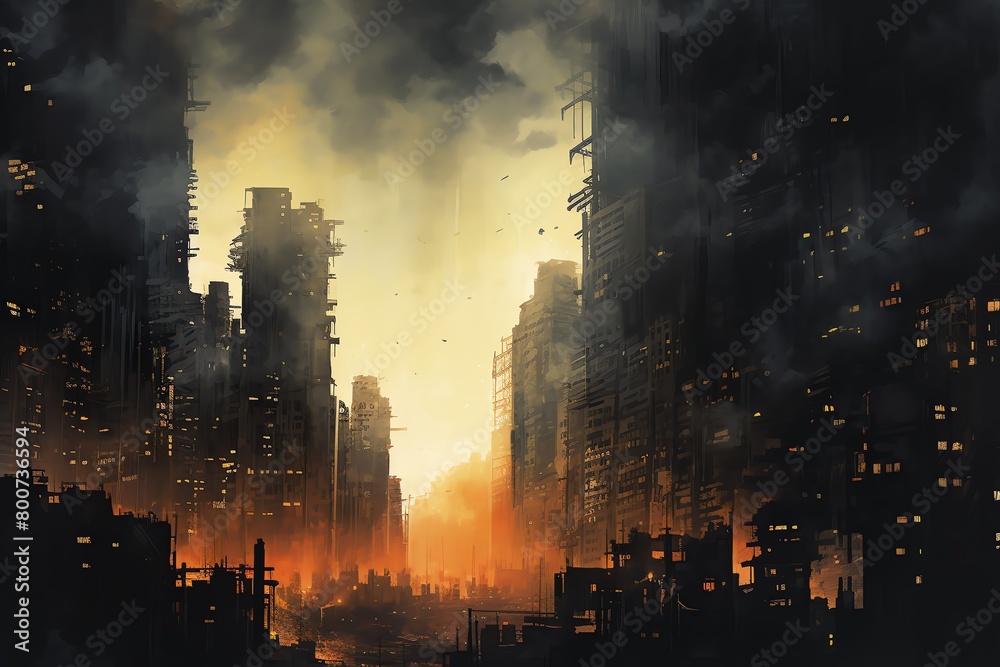 A dark and gloomy cityscape with tall buildings and a polluted sky