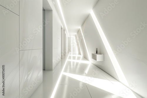 Contemporary Luxury: Clean White Interiors with Diagonal Light Shafts and Minimalist Corridors photo