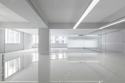 Minimalist White Office: Reflective Geometric Contemporary Space