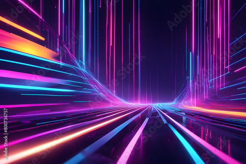 Abstract futuristic background with glowing lines in a neon color scheme .Colorful, neon-hued, flowing lines dance across a dark canvas, embodying a vibrant digital aesthetic.
