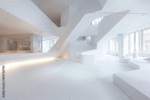 Monochromatic Minimalist White Space: Boutique Hotel Lobby Geometric Interior Design © Michael